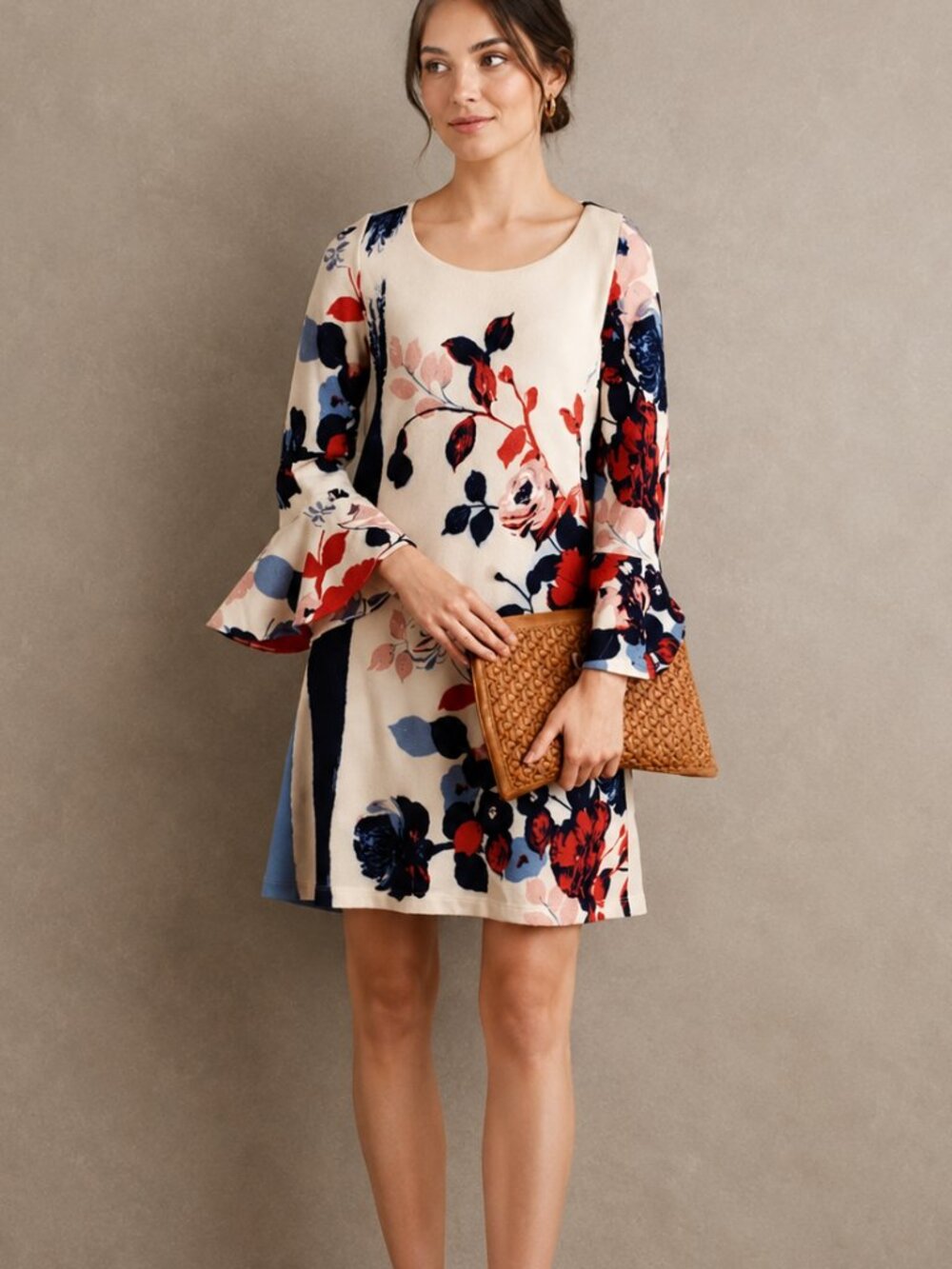 Anthropologie Maeve Ivory Red Blue Floral Bell Sleeve Sheath Knit Dress XS